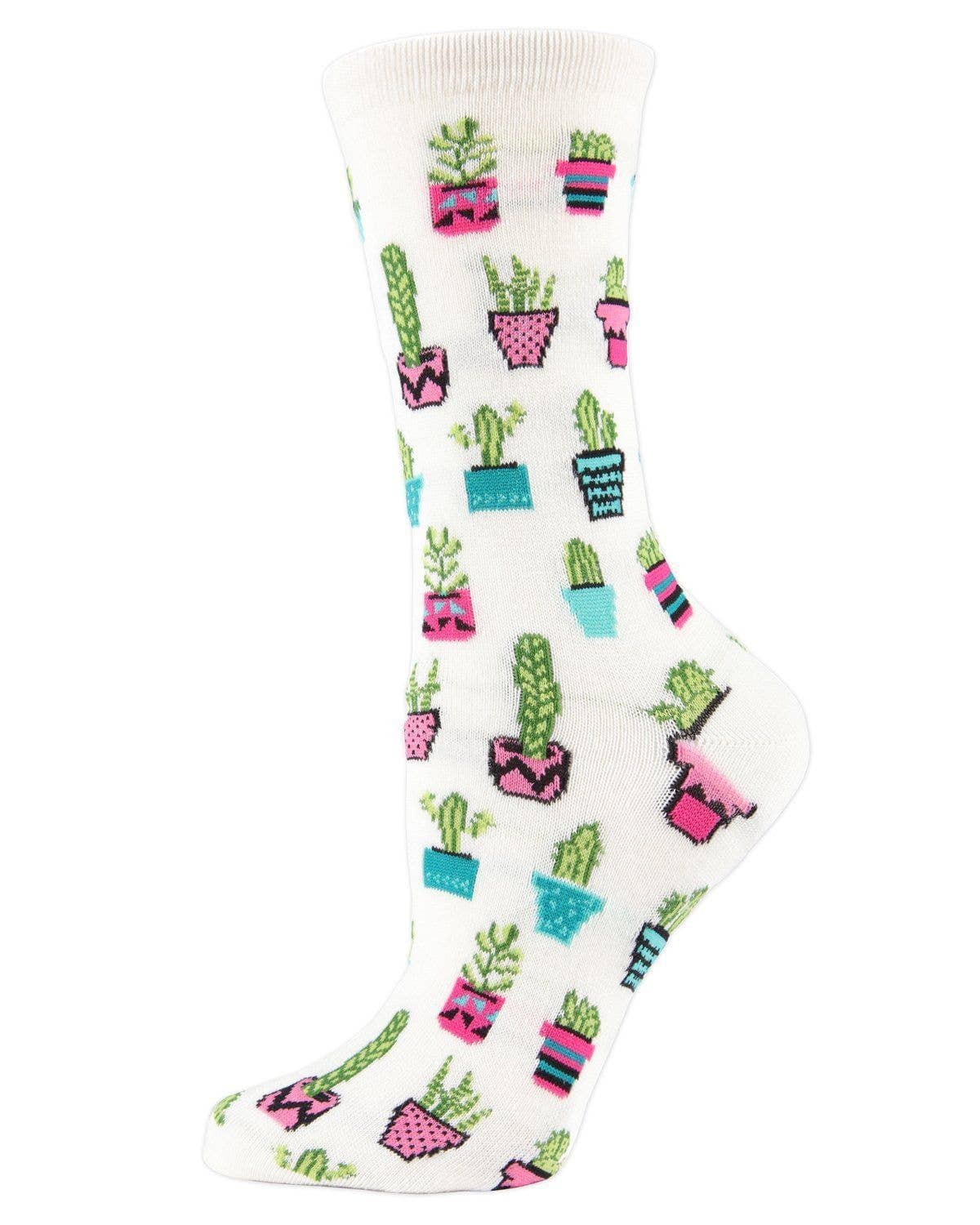 Infinity Classics International Inc. - MeMoi Potted Cacti Bamboo Crew Socks: Ivory / 9-11